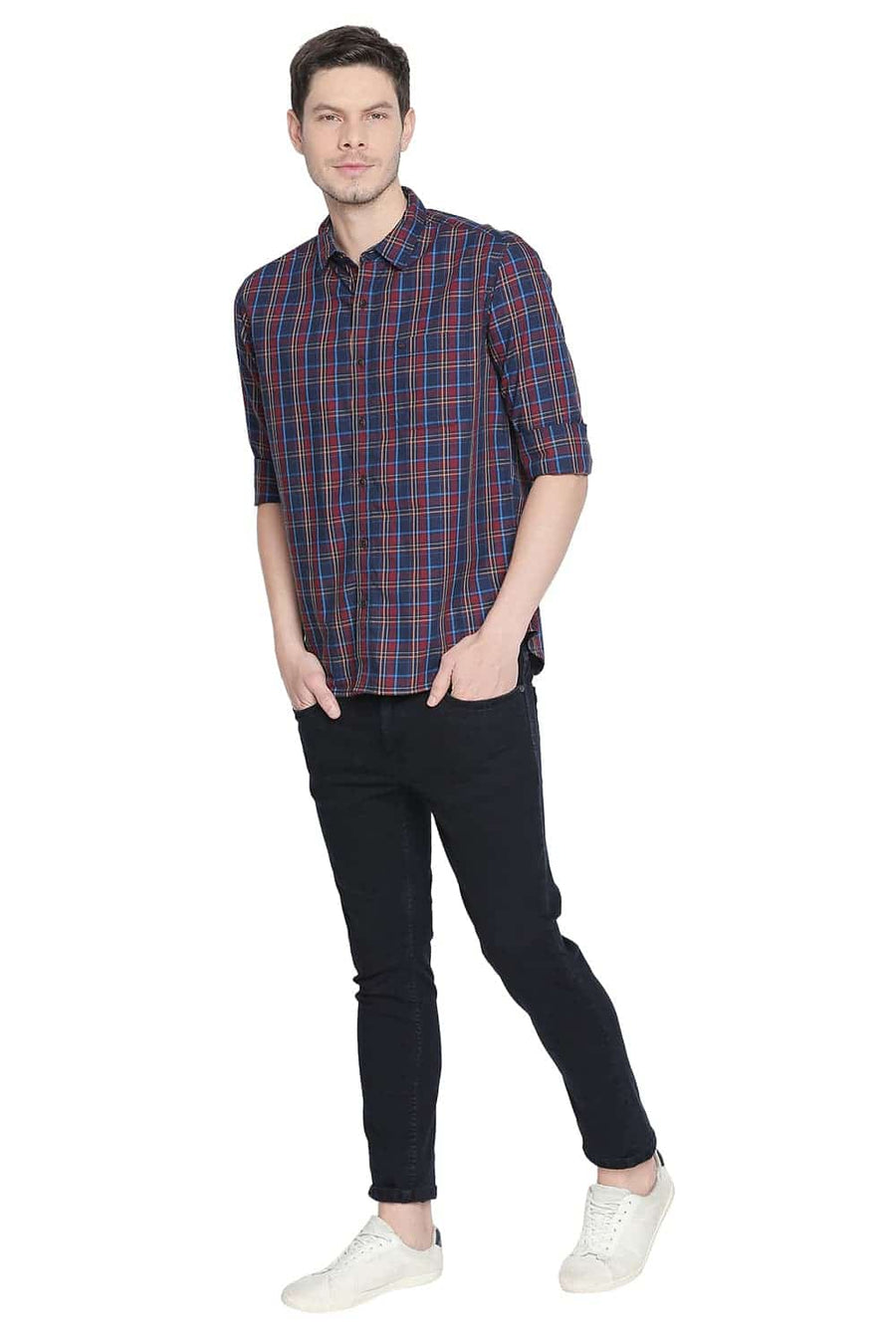 BASICS SLIM FIT CHILLI RED TWILL CHECKS SHIRT