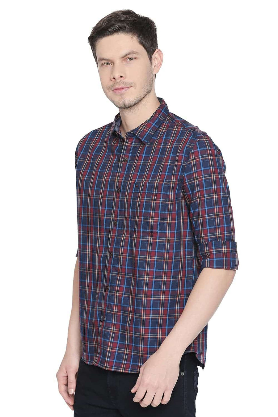 BASICS SLIM FIT CHILLI RED TWILL CHECKS SHIRT
