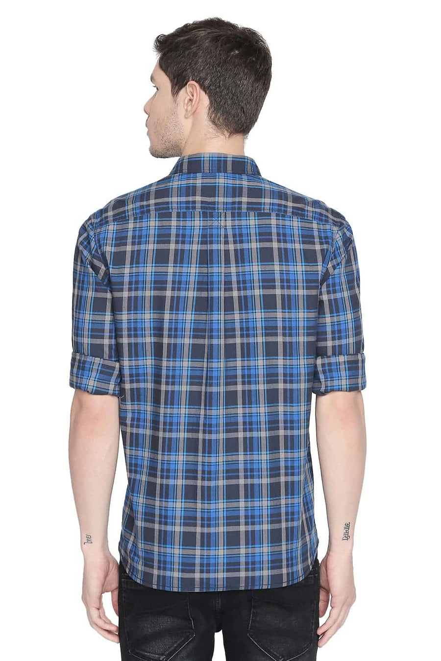 BASICS SLIM FIT MYKONOS BLUE TWILL CHECKS SHIRT