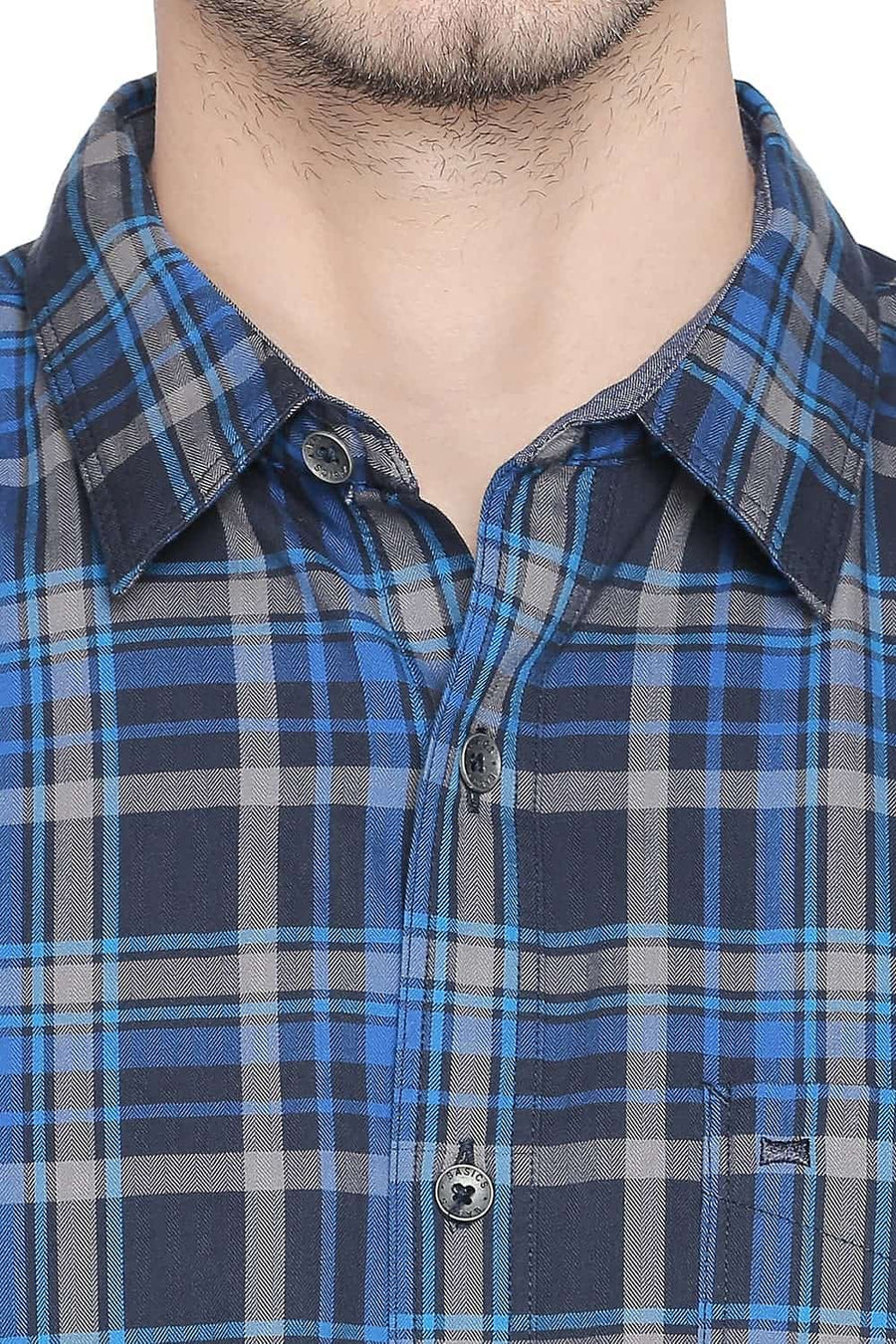 BASICS SLIM FIT MYKONOS BLUE TWILL CHECKS SHIRT