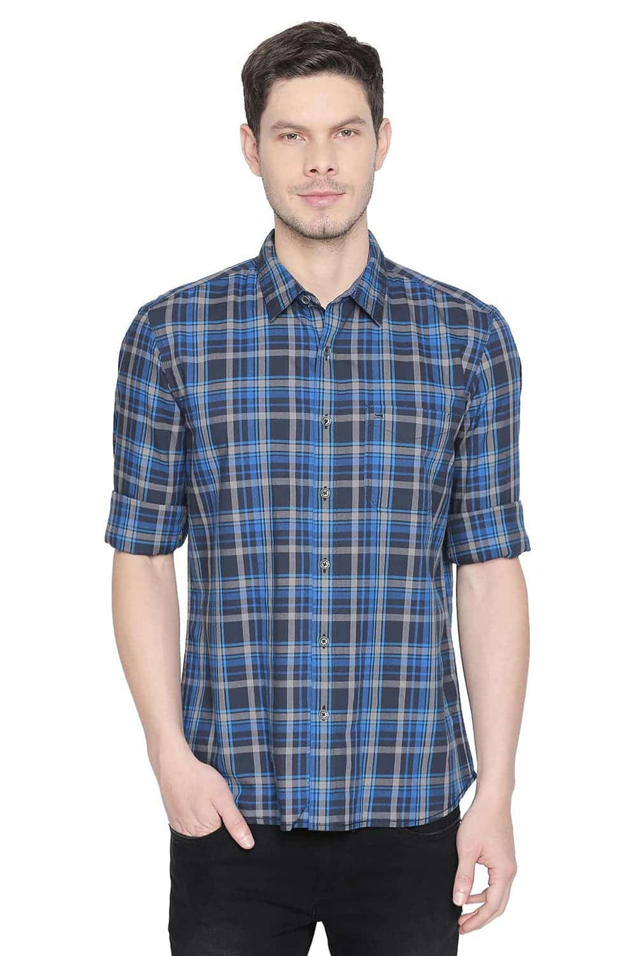 BASICS SLIM FIT MYKONOS BLUE TWILL CHECKS SHIRT