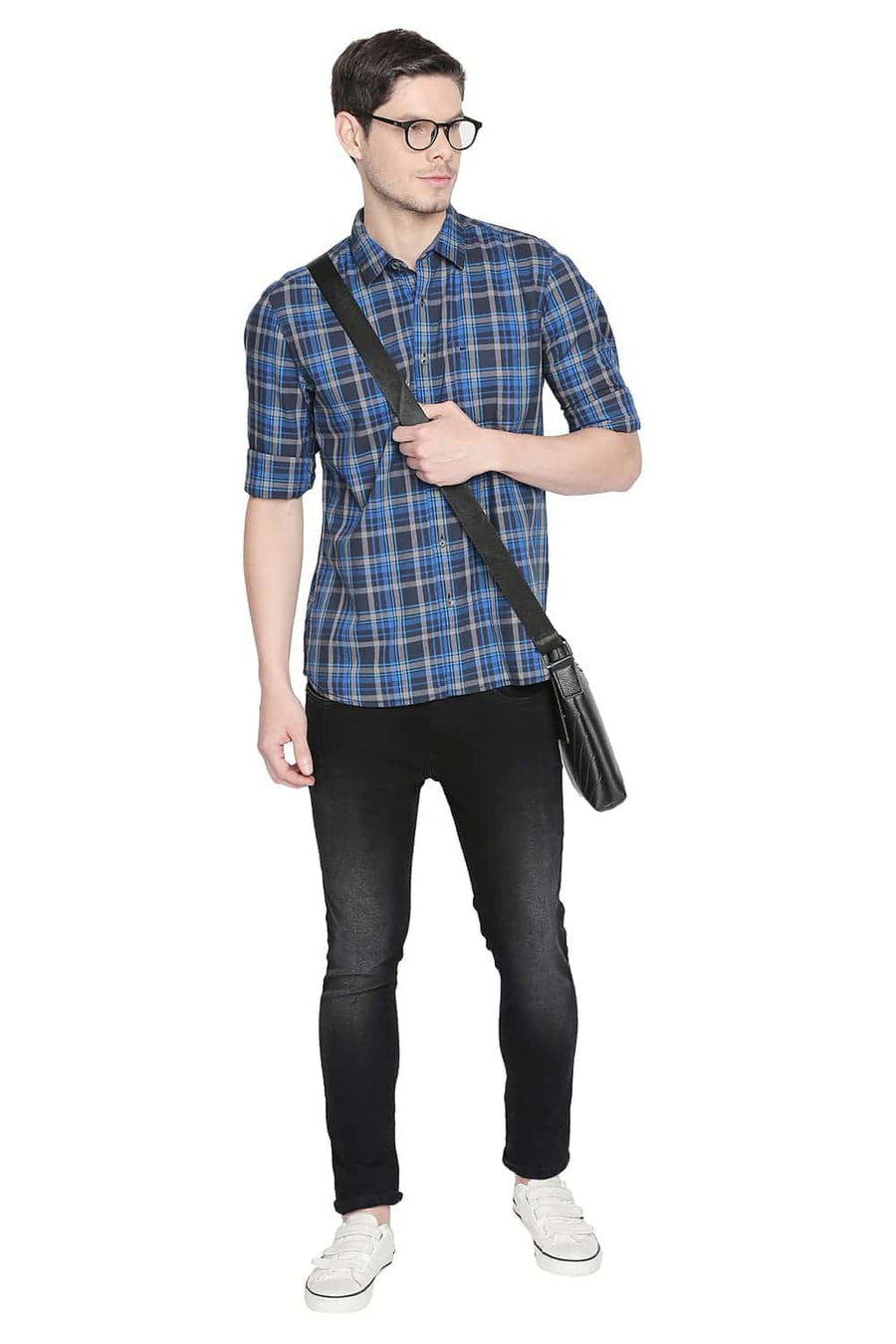 BASICS SLIM FIT MYKONOS BLUE TWILL CHECKS SHIRT