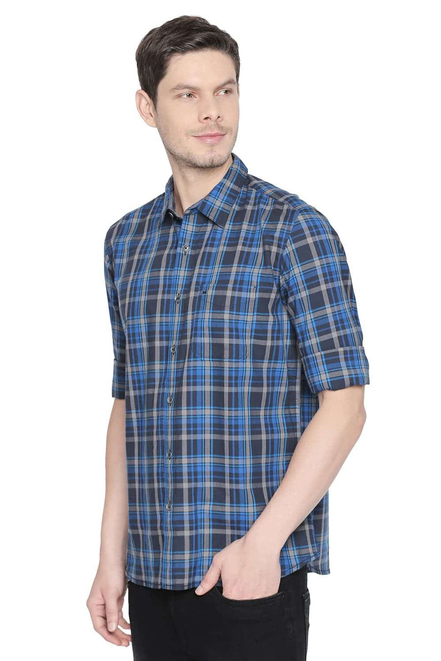 BASICS SLIM FIT MYKONOS BLUE TWILL CHECKS SHIRT