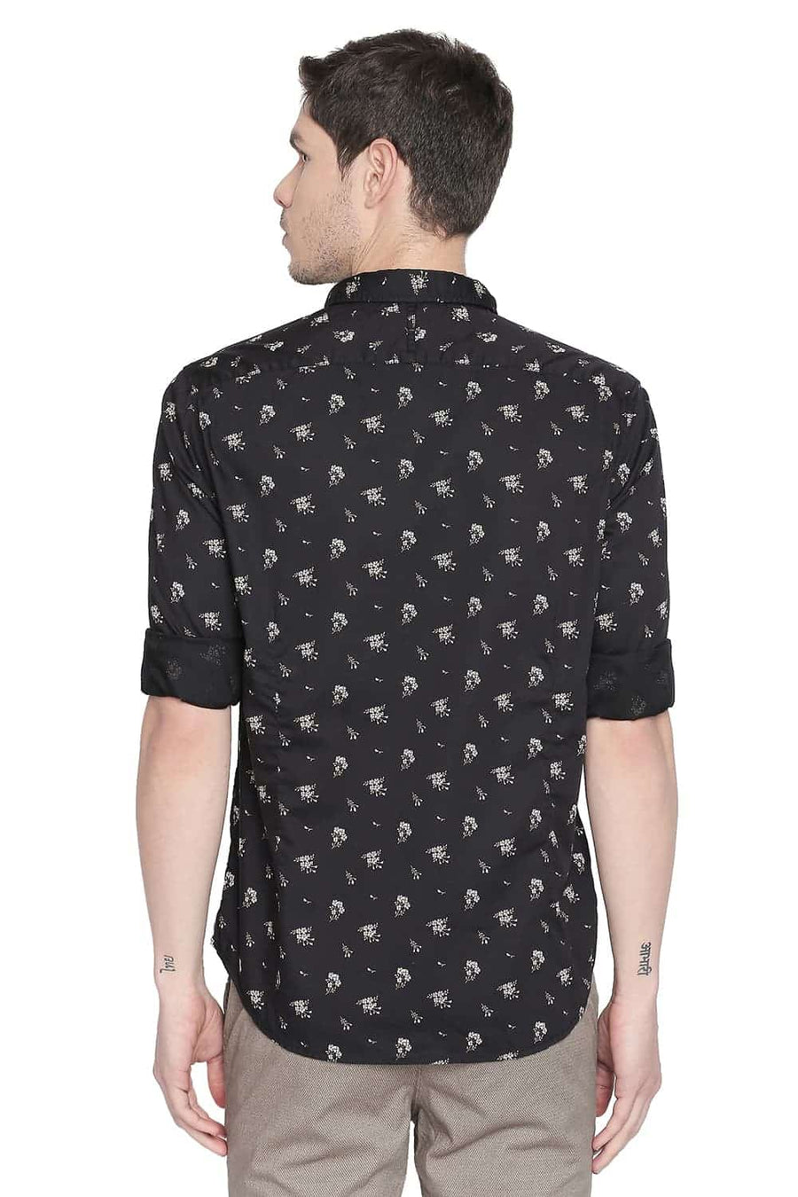BASICS SLIM FIT ANTHRACITE BLACK PRINTED SHIRT