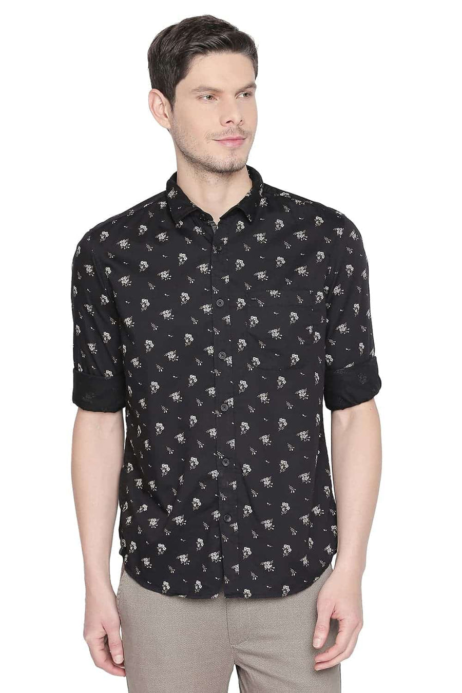 BASICS SLIM FIT ANTHRACITE BLACK PRINTED SHIRT