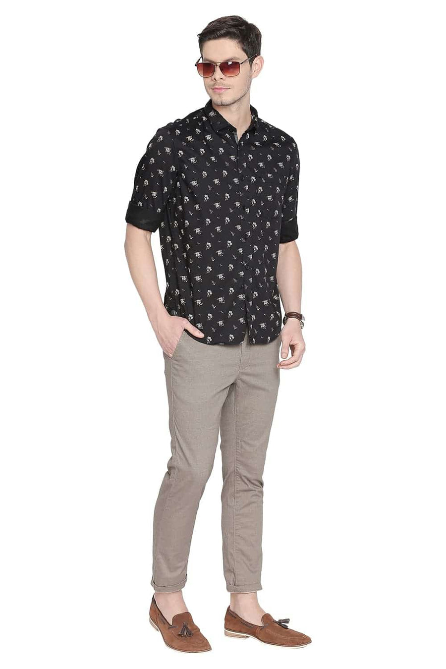 BASICS SLIM FIT ANTHRACITE BLACK PRINTED SHIRT