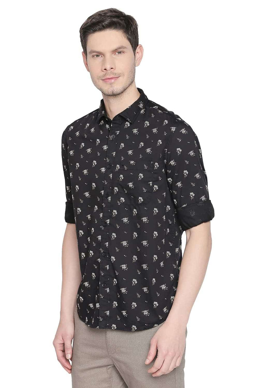 BASICS SLIM FIT ANTHRACITE BLACK PRINTED SHIRT