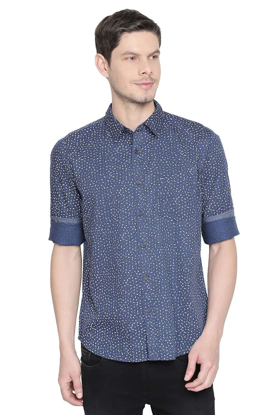BASICS SLIM FIT ENSIGN BLUE PRINTED SHIRT