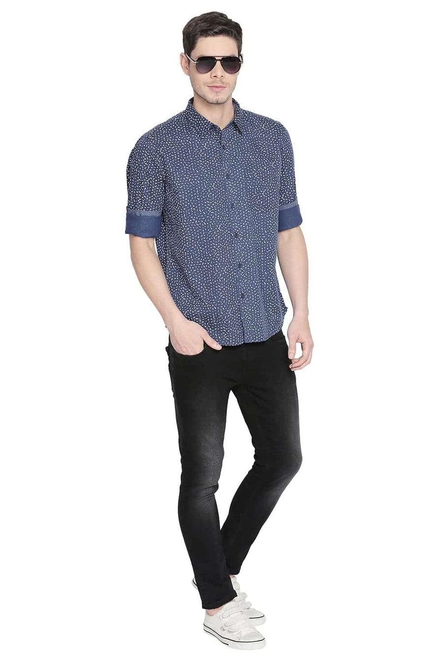 BASICS SLIM FIT ENSIGN BLUE PRINTED SHIRT