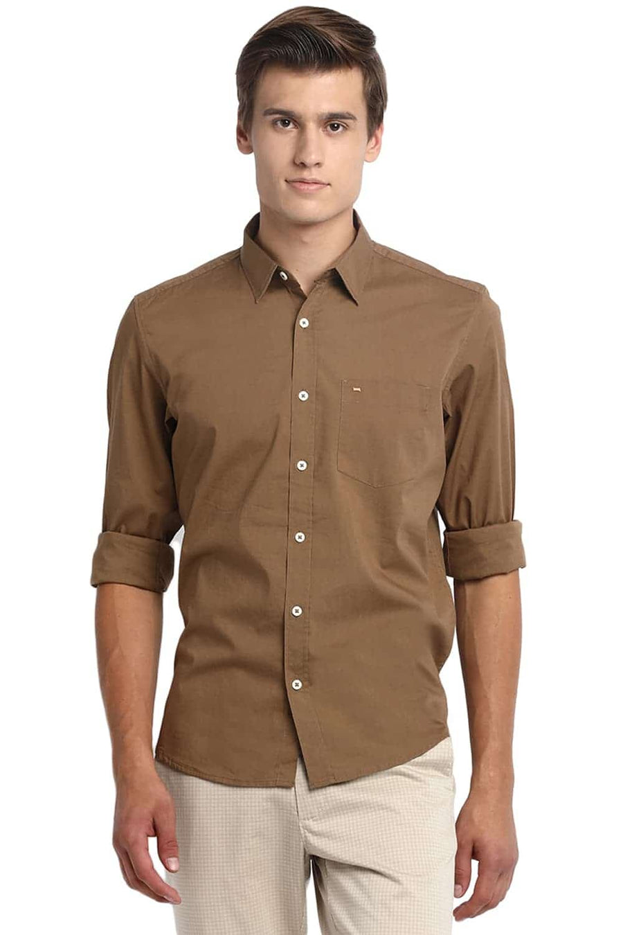 BASICS SLIM FIT KANGAROO BROWN STRETCH SHIRT