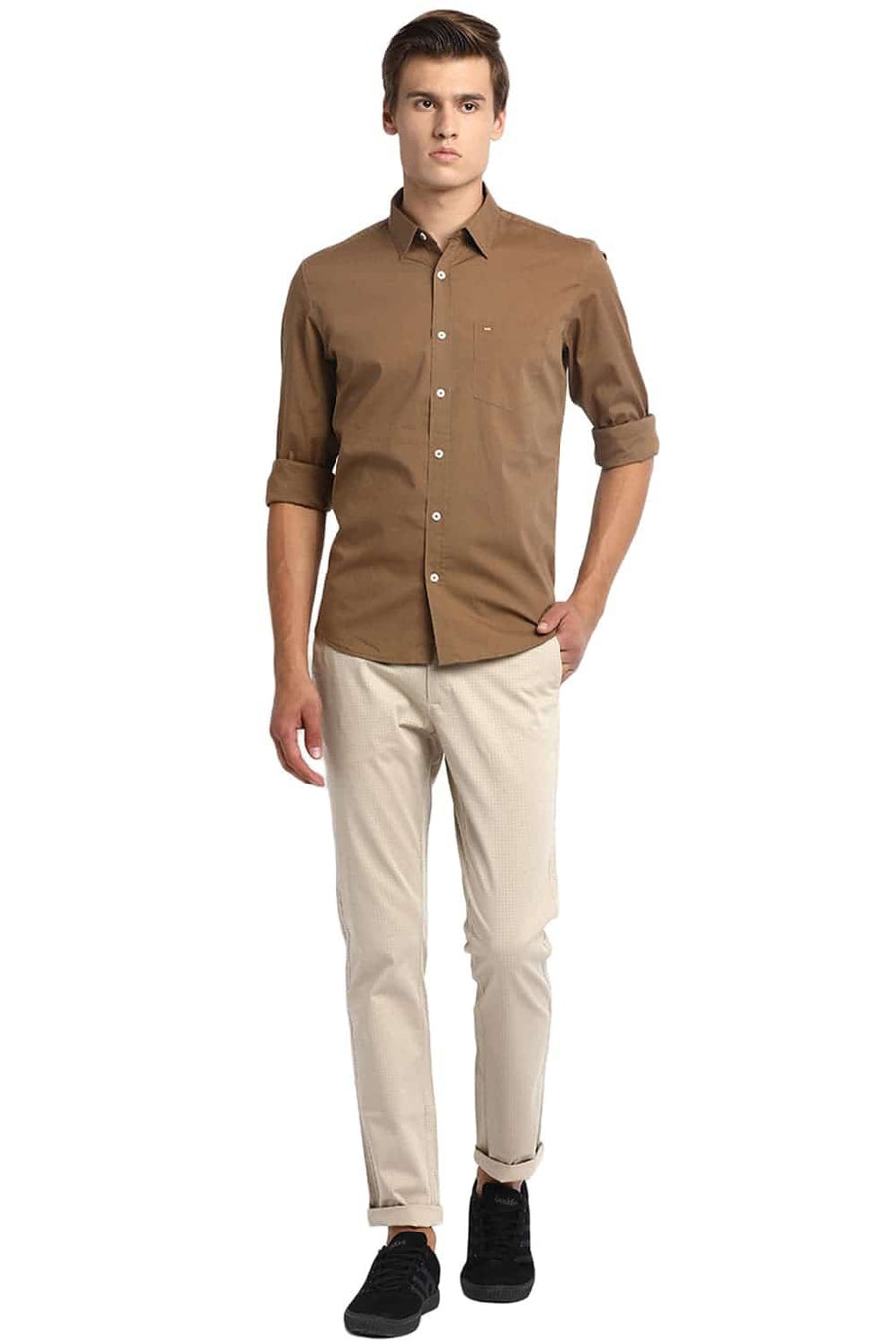 BASICS SLIM FIT KANGAROO BROWN STRETCH SHIRT