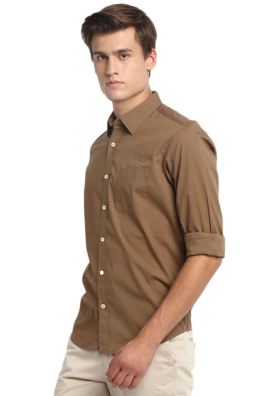 BASICS SLIM FIT KANGAROO BROWN STRETCH SHIRT