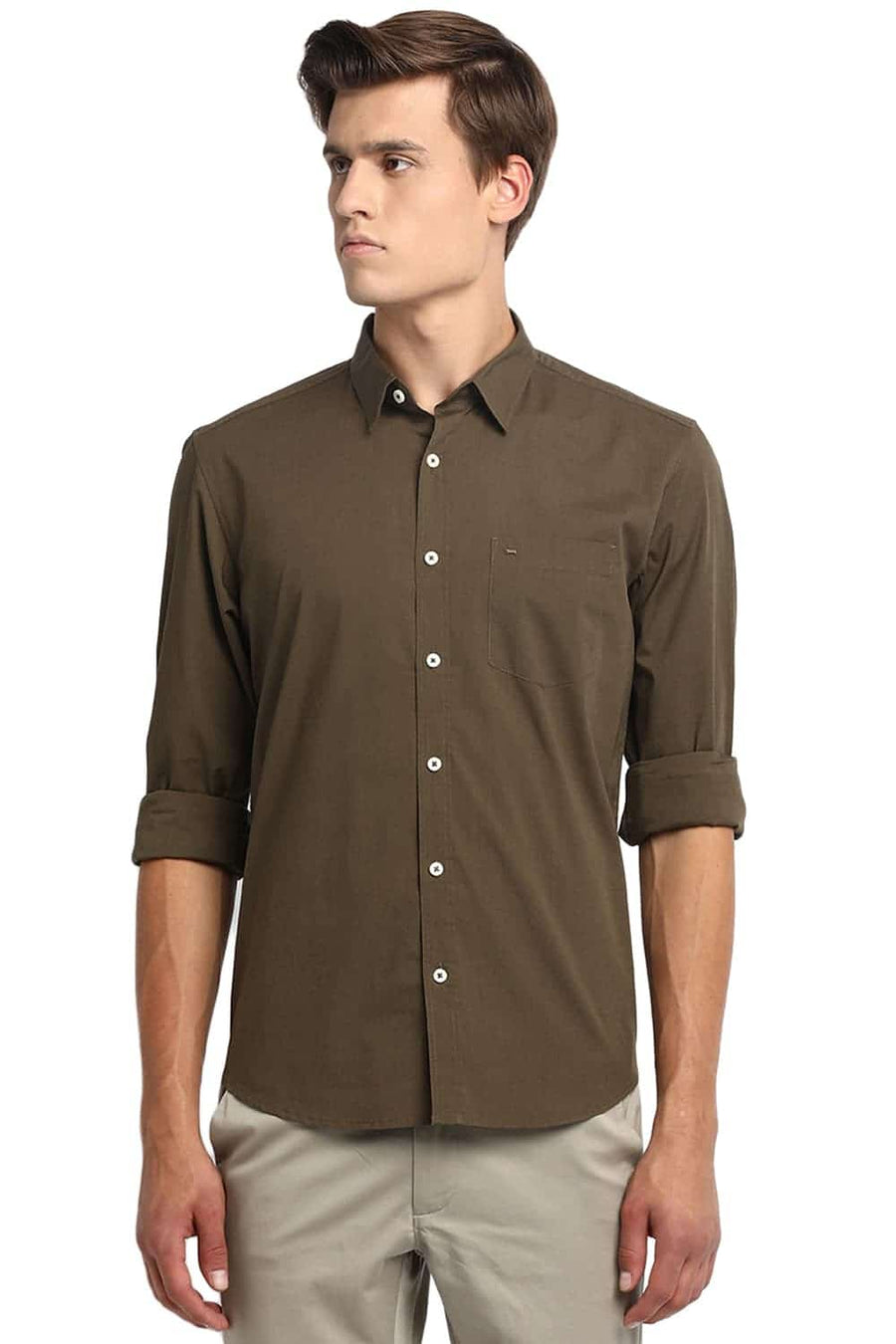 BASICS SLIM FIT MILITARY OLIVE STRETCH SHIRT