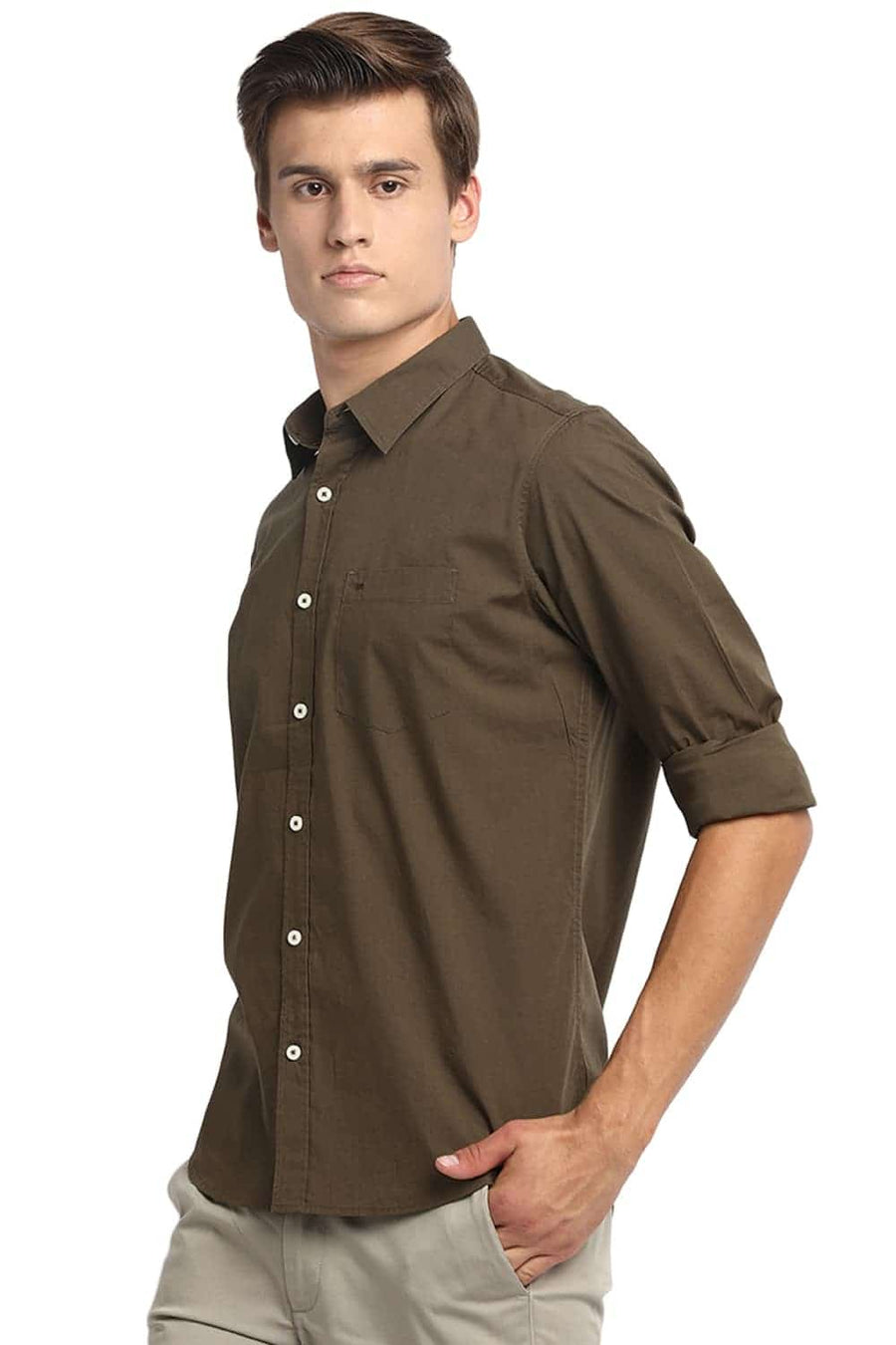 BASICS SLIM FIT MILITARY OLIVE STRETCH SHIRT