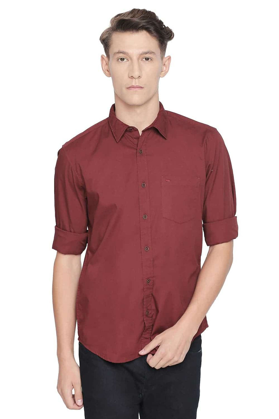 BASICS SLIM FIT RUBY WINE STRETCH SHIRT
