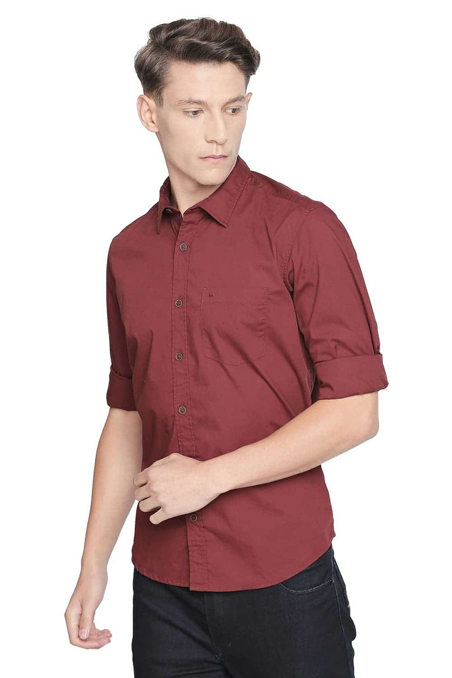 BASICS SLIM FIT RUBY WINE STRETCH SHIRT