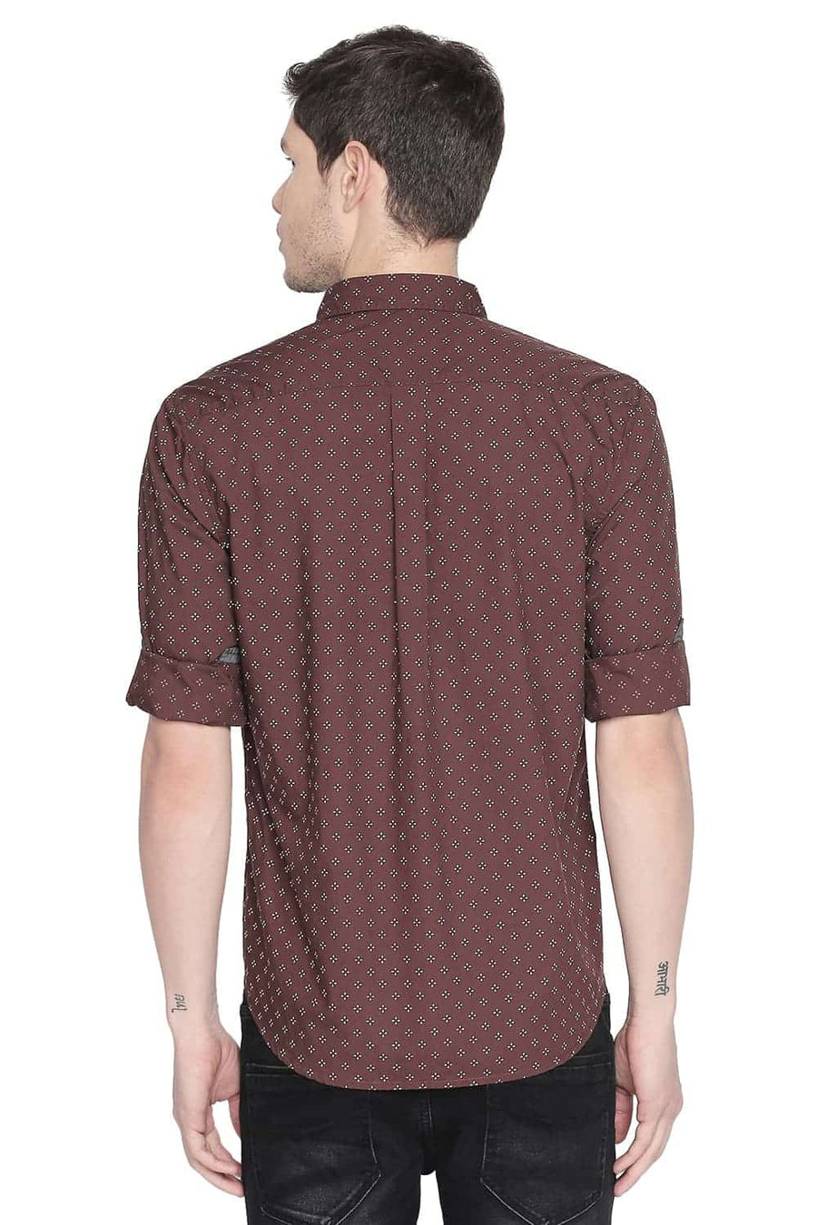 BASICS SLIM FIT CAPPUCCINO BROWN PRINTED SHIRT