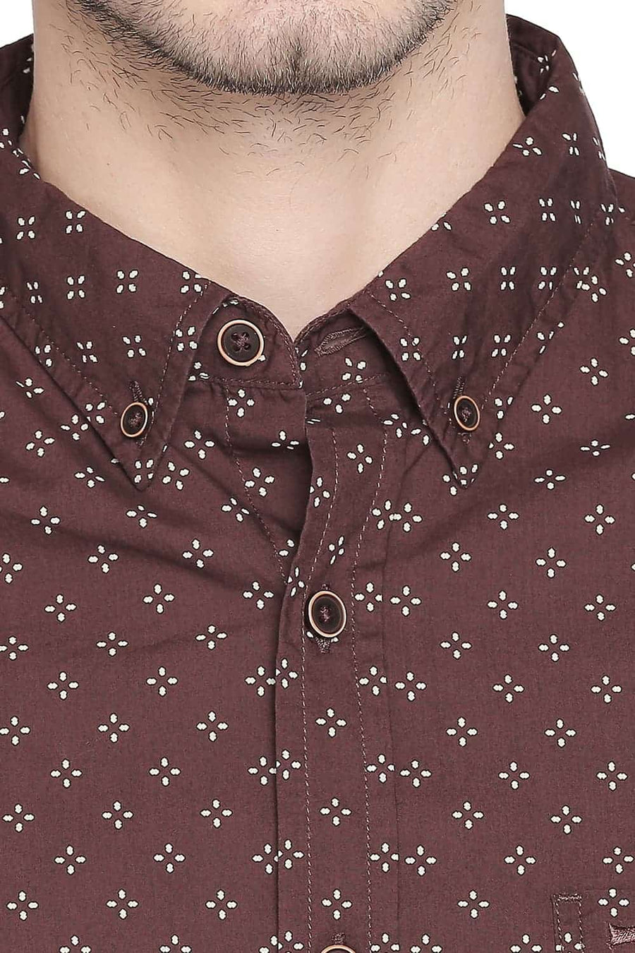 BASICS SLIM FIT CAPPUCCINO BROWN PRINTED SHIRT