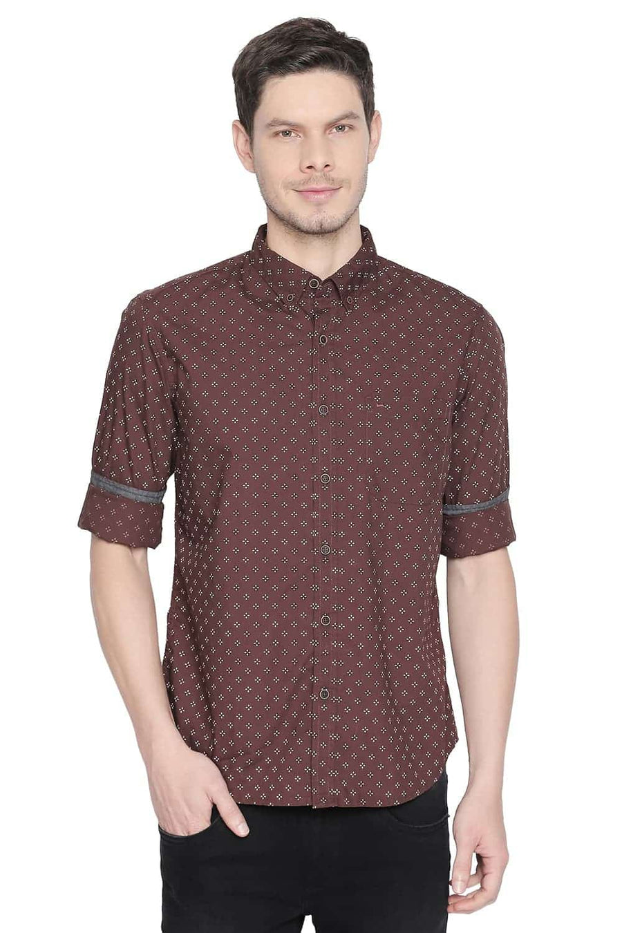 BASICS SLIM FIT CAPPUCCINO BROWN PRINTED SHIRT