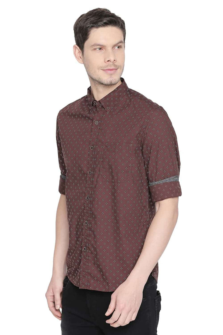 BASICS SLIM FIT CAPPUCCINO BROWN PRINTED SHIRT
