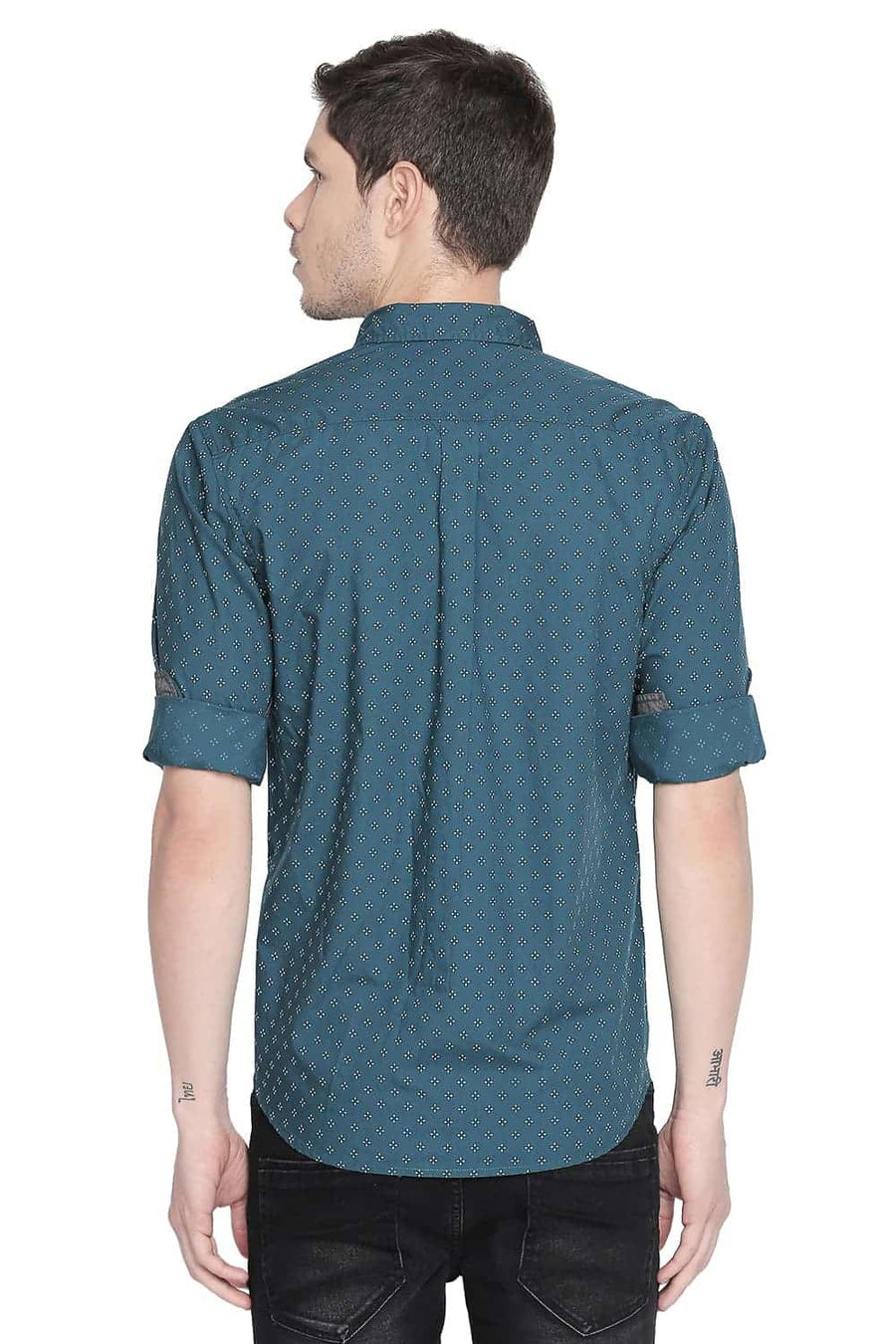 BASICS SLIM FIT TEAL GREEN PRINTED SHIRT