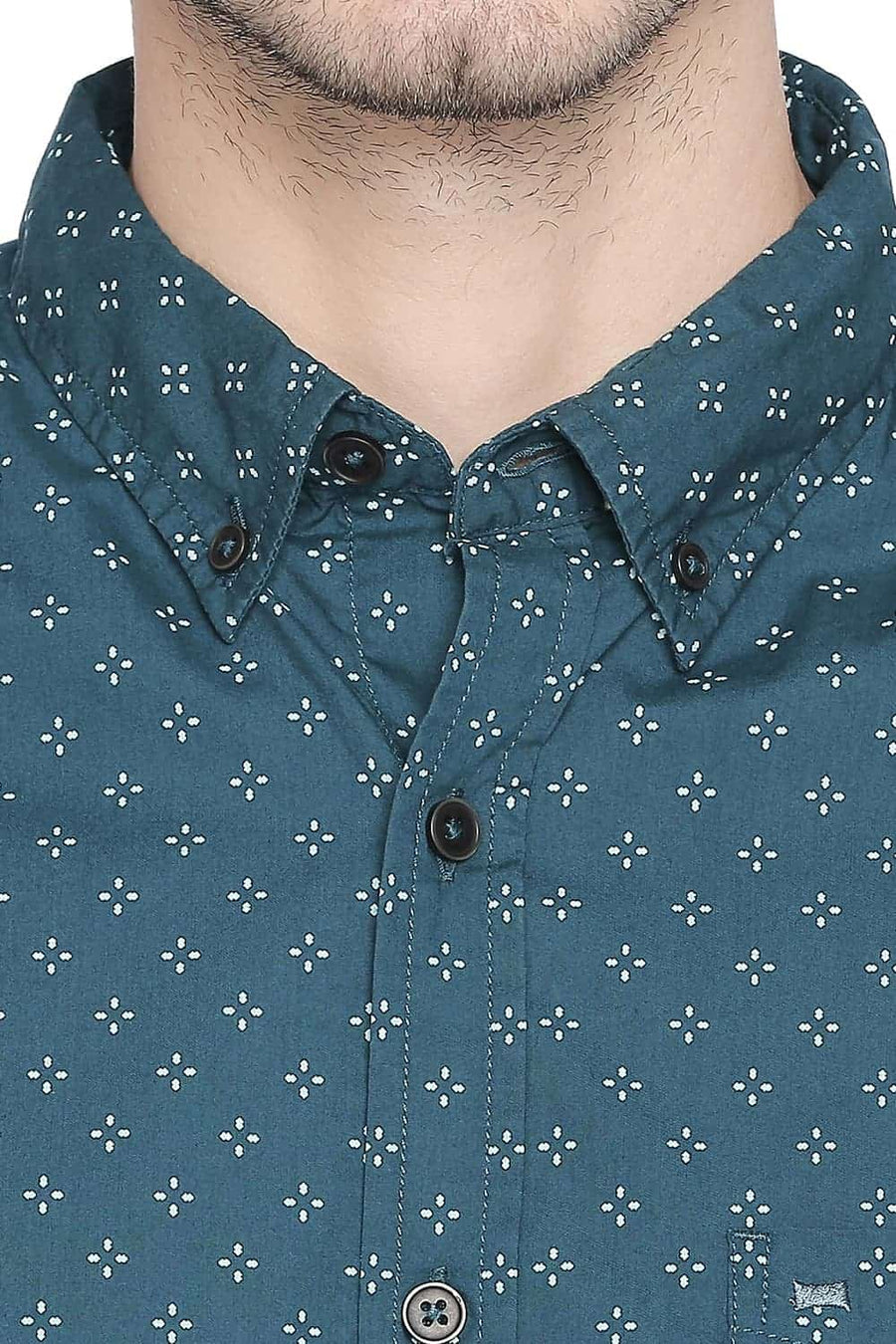 BASICS SLIM FIT TEAL GREEN PRINTED SHIRT