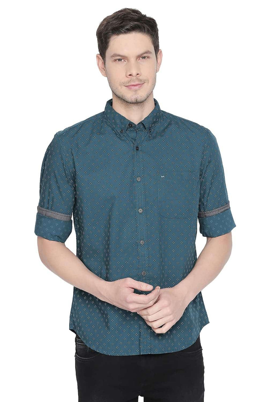 BASICS SLIM FIT TEAL GREEN PRINTED SHIRT
