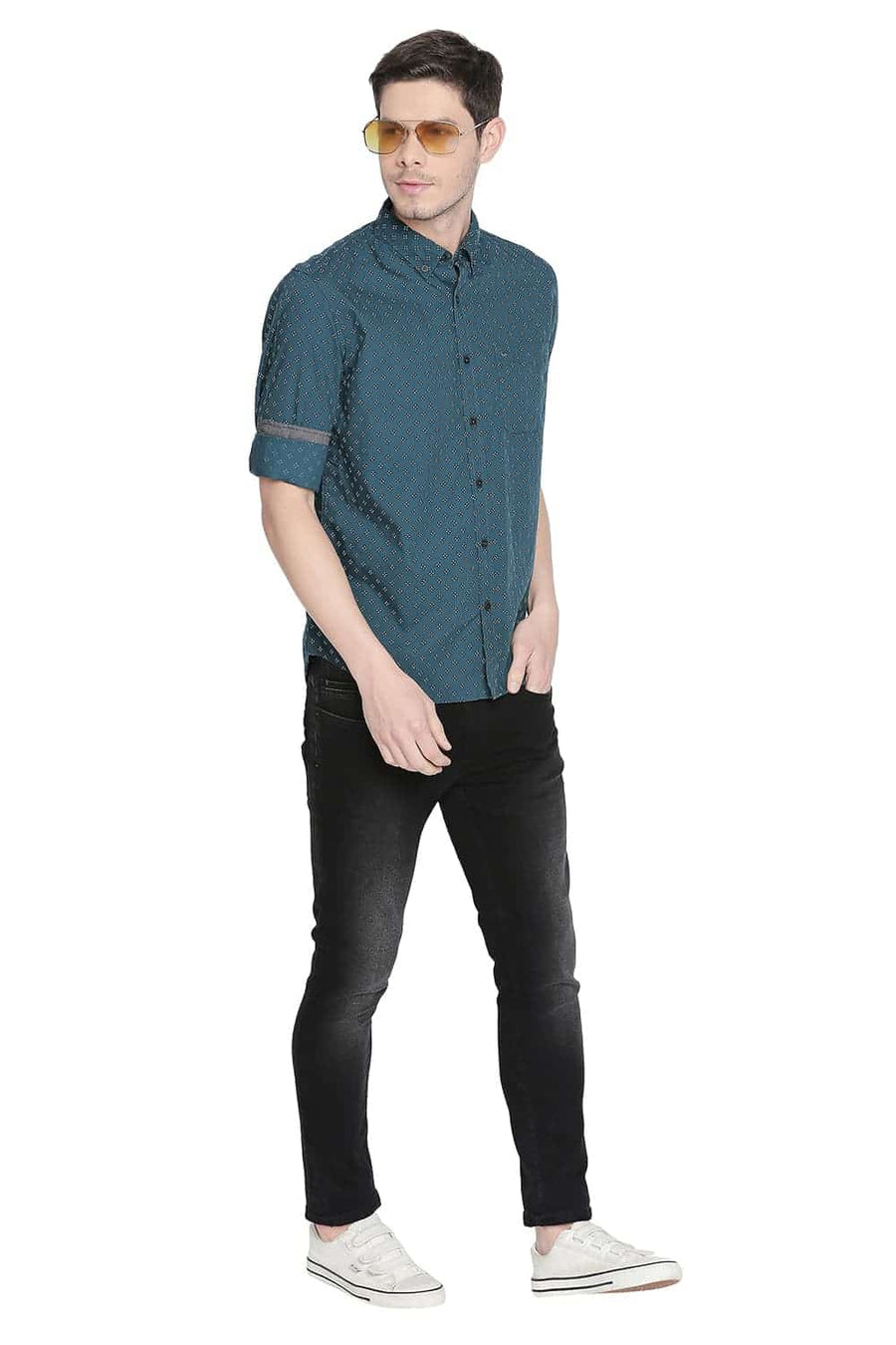 BASICS SLIM FIT TEAL GREEN PRINTED SHIRT