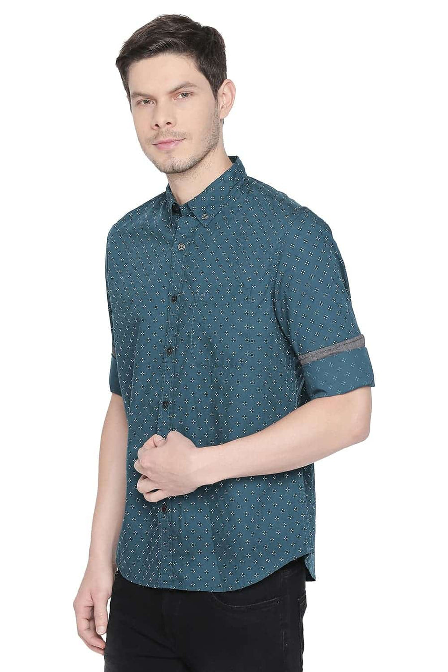 BASICS SLIM FIT TEAL GREEN PRINTED SHIRT