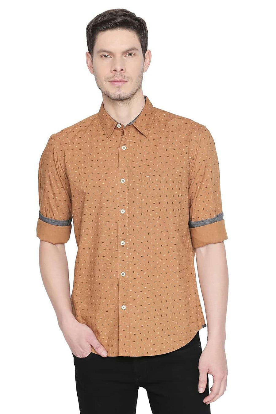 BASICS SLIM FIT BONE BROWN PRINTED SHIRT