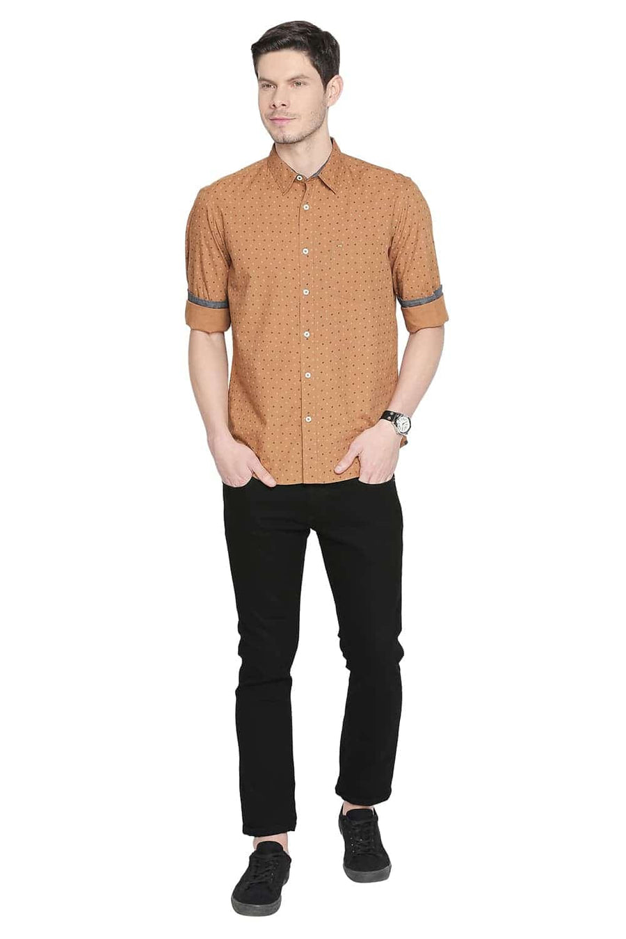 BASICS SLIM FIT BONE BROWN PRINTED SHIRT