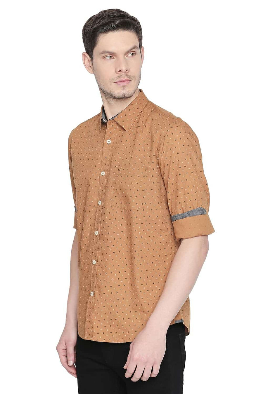 BASICS SLIM FIT BONE BROWN PRINTED SHIRT