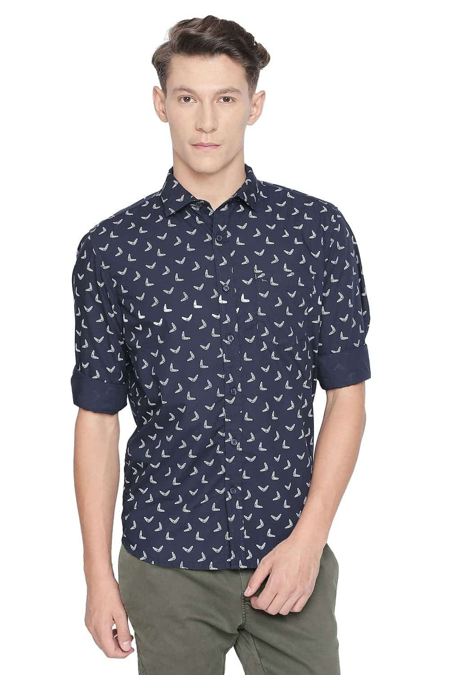 BASICS SLIM FIT METALLIC NAVY PRINTED SHIRT