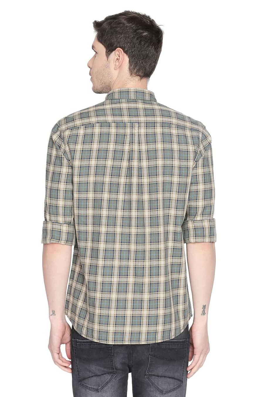 BASICS SLIM FIT LICHEN GREEN CHECKS SHIRT