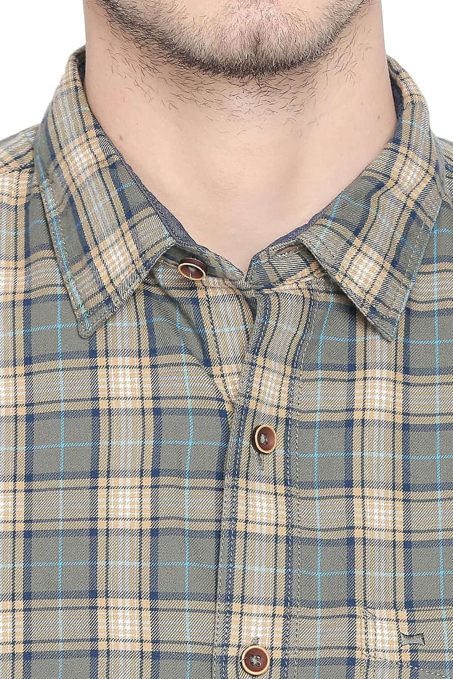 BASICS SLIM FIT LICHEN GREEN CHECKS SHIRT