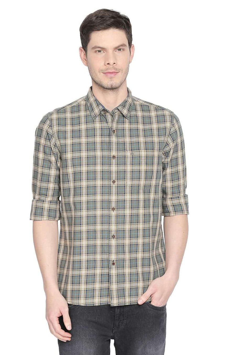 BASICS SLIM FIT LICHEN GREEN CHECKS SHIRT