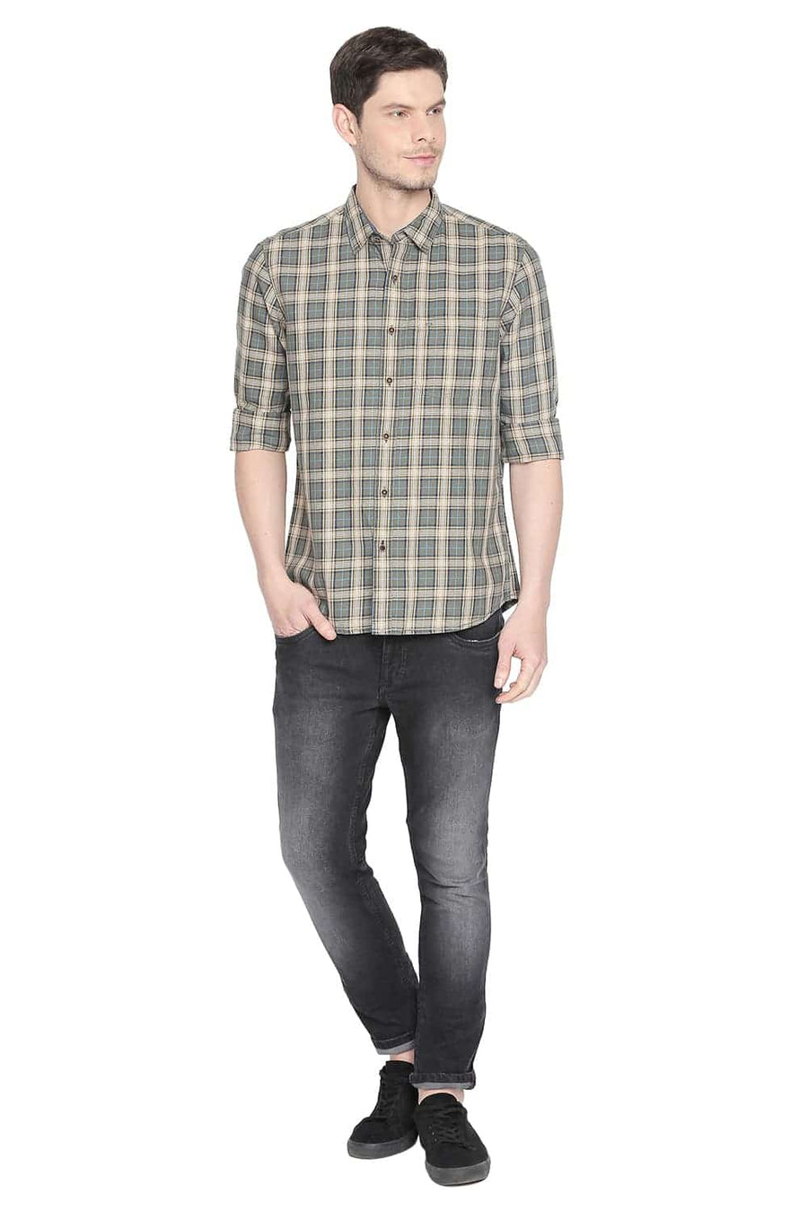 BASICS SLIM FIT LICHEN GREEN CHECKS SHIRT