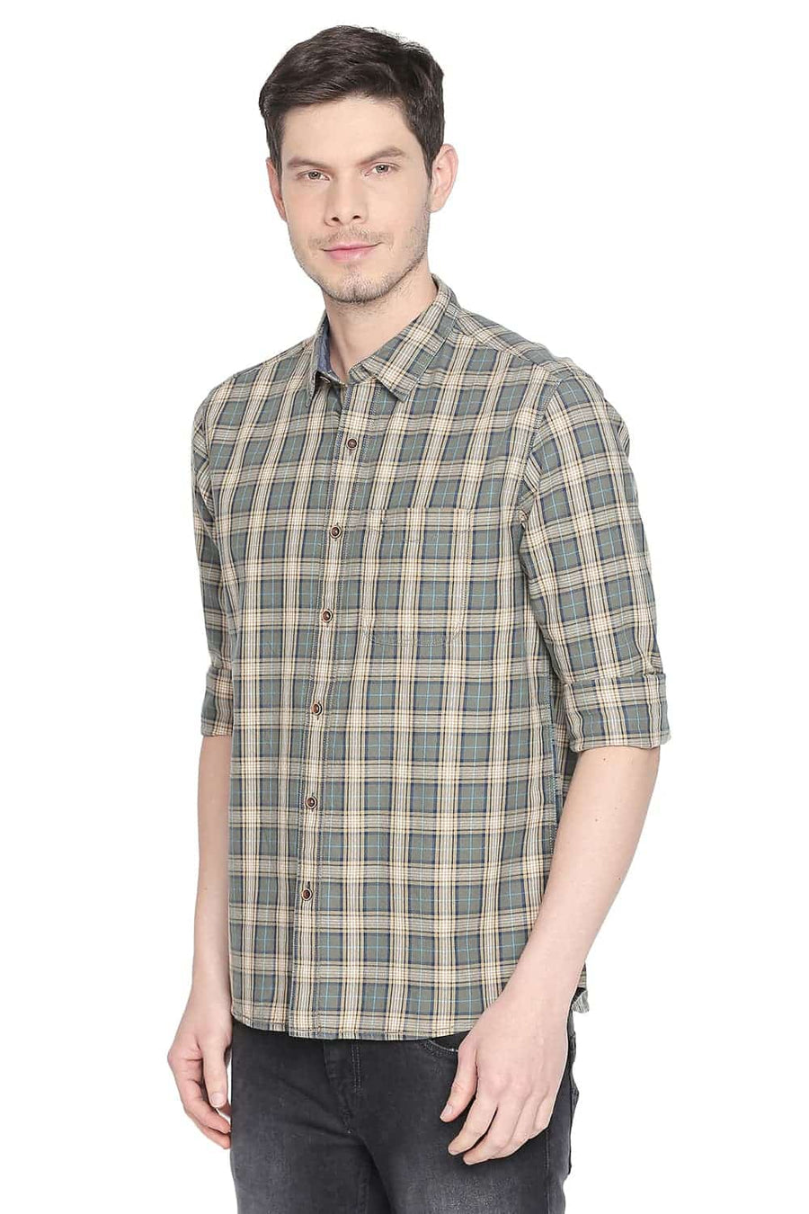 BASICS SLIM FIT LICHEN GREEN CHECKS SHIRT