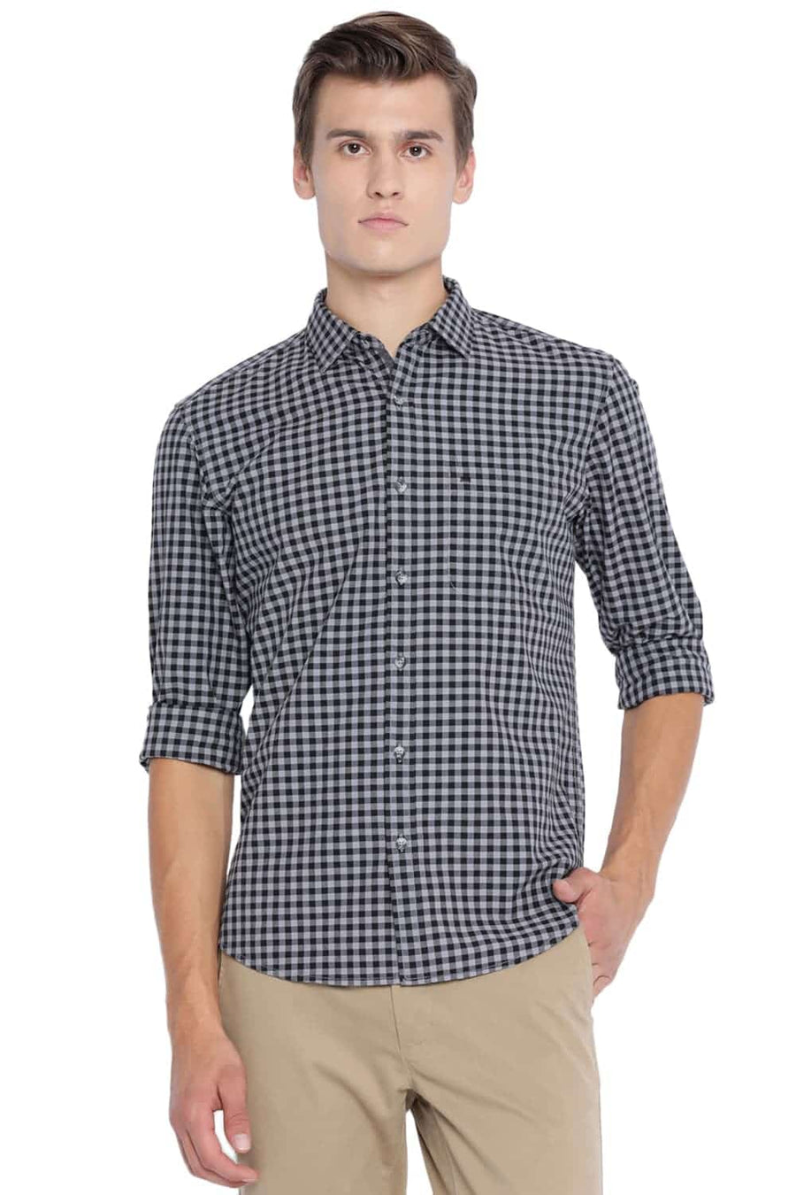 BASICS SLIM FIT METEORITE BLACK CHECKS SHIRT