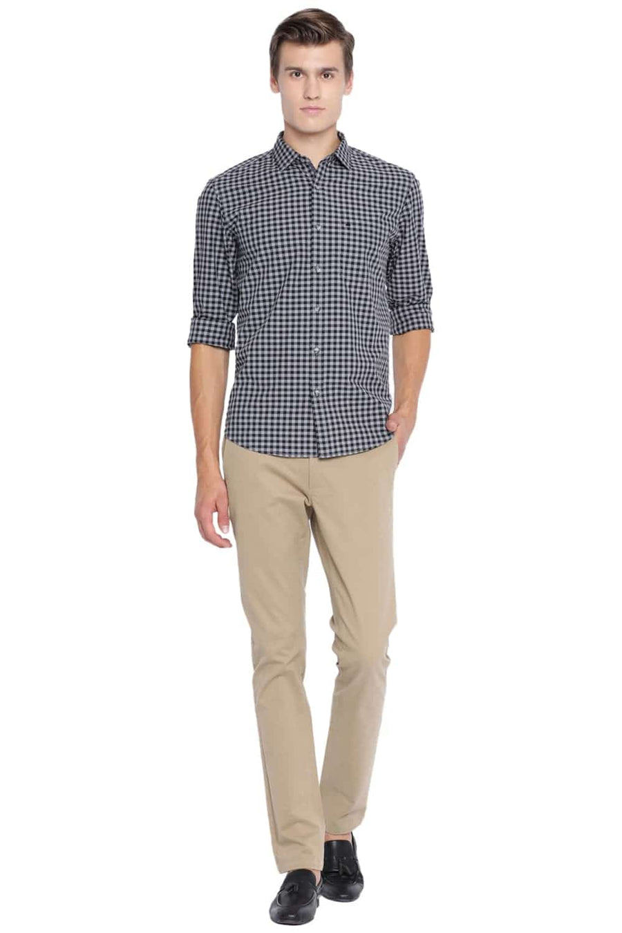 BASICS SLIM FIT METEORITE BLACK CHECKS SHIRT