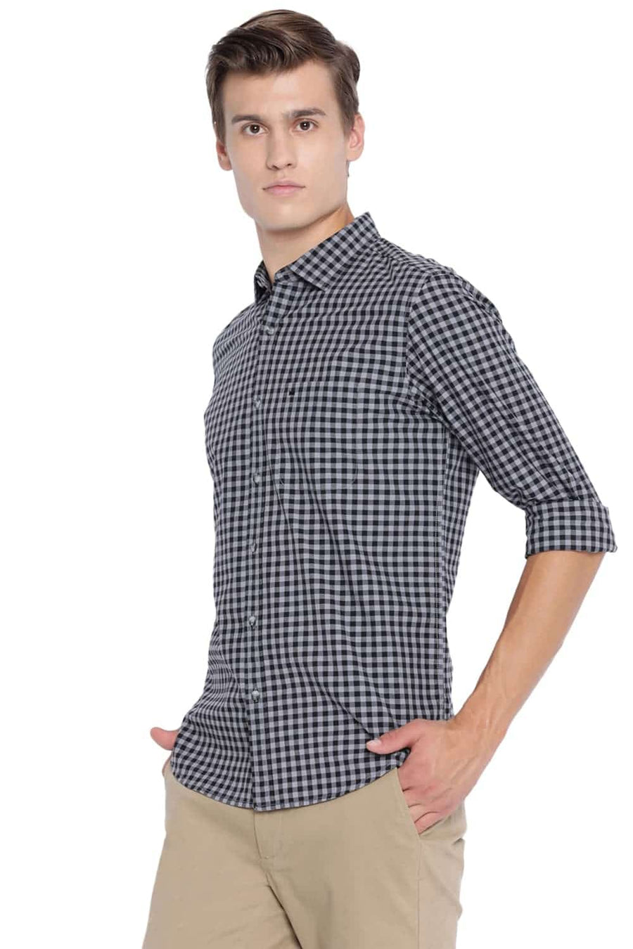 BASICS SLIM FIT METEORITE BLACK CHECKS SHIRT