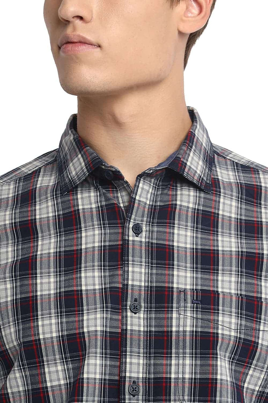 BASICS SLIM FIT PEACOAT NAVY CHECKS SHIRT