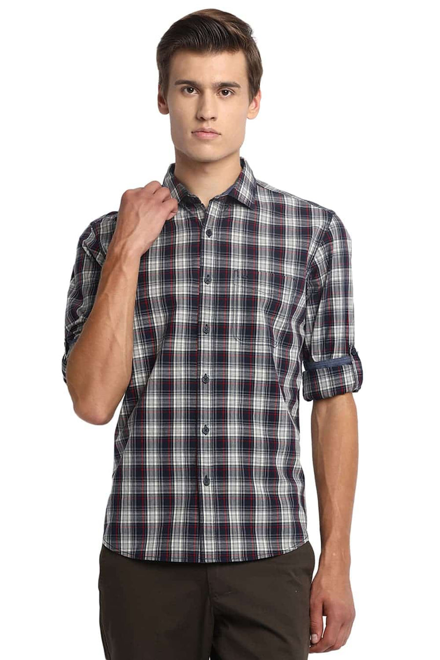 BASICS SLIM FIT PEACOAT NAVY CHECKS SHIRT