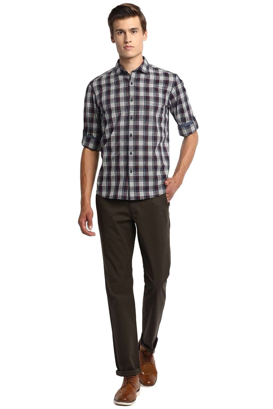 BASICS SLIM FIT PEACOAT NAVY CHECKS SHIRT