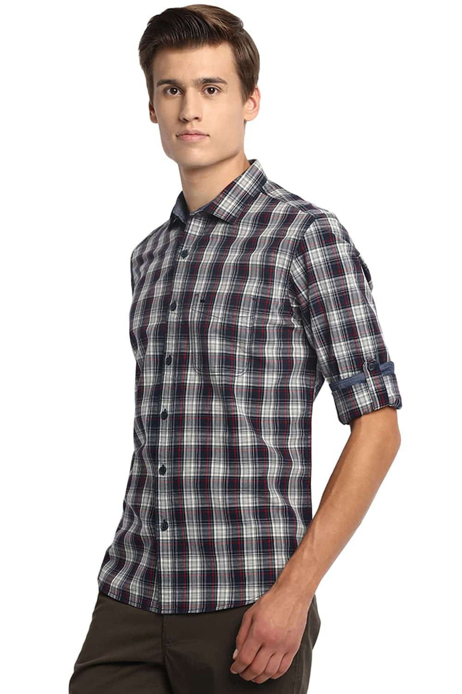 BASICS SLIM FIT PEACOAT NAVY CHECKS SHIRT