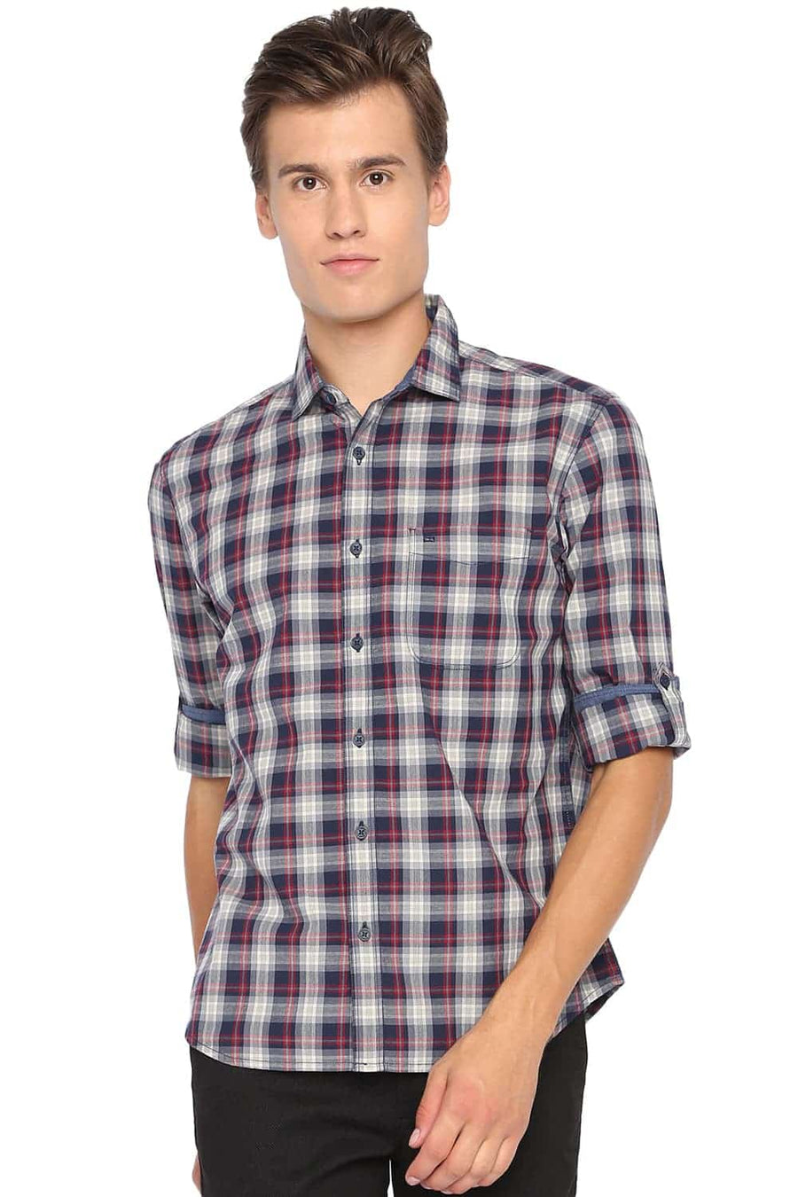 BASICS SLIM FIT GRAPHITE NAVY CHECKS SHIRT