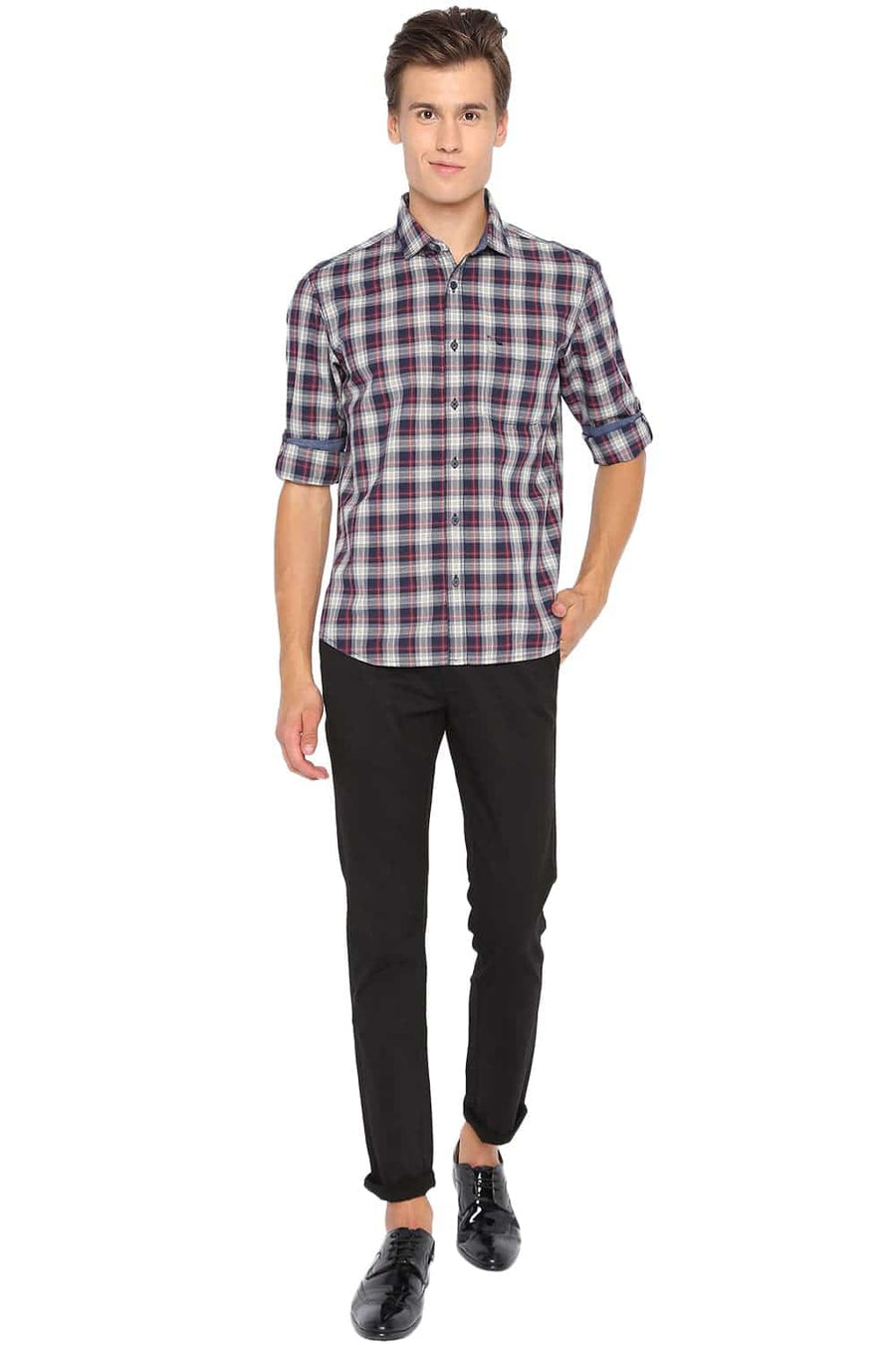 BASICS SLIM FIT GRAPHITE NAVY CHECKS SHIRT