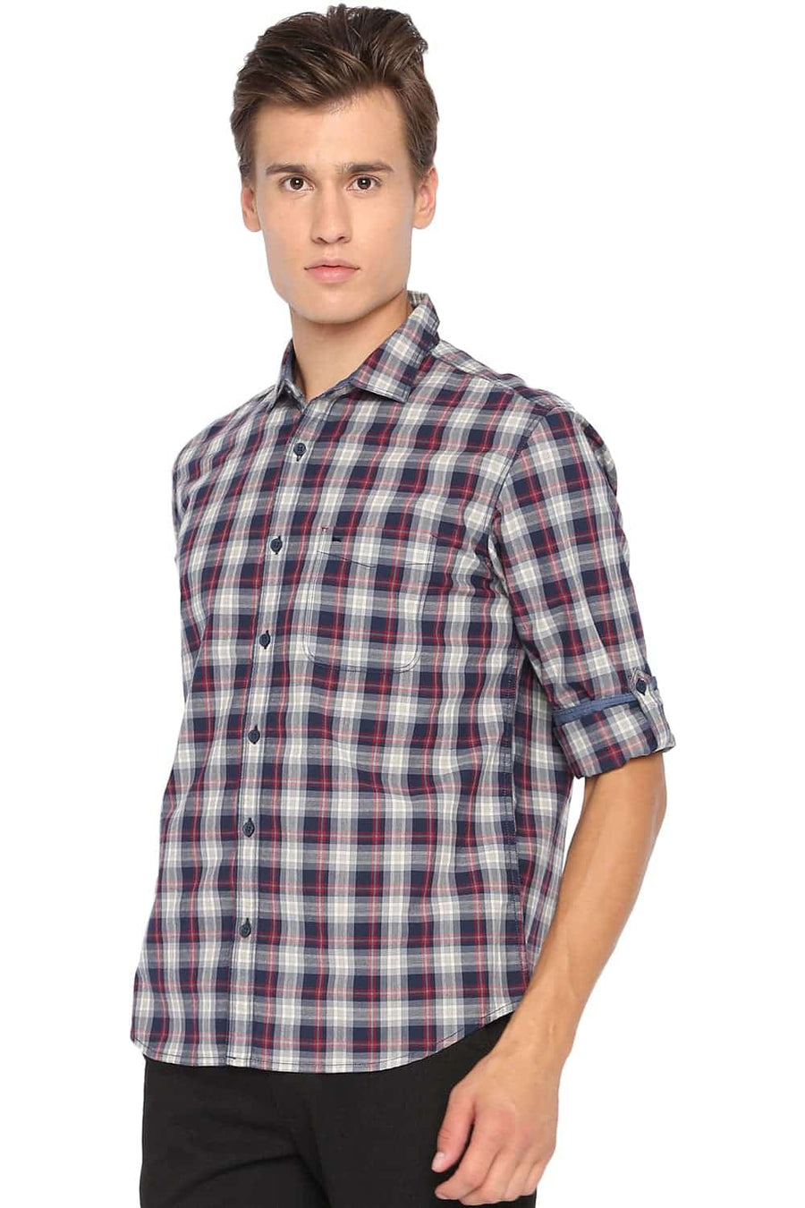BASICS SLIM FIT GRAPHITE NAVY CHECKS SHIRT