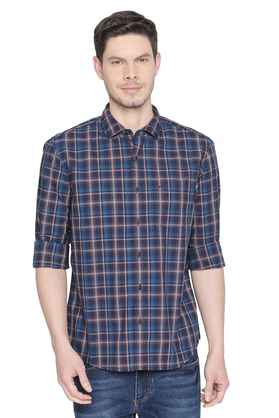 BASICS SLIM FIT RAWHIDE BROWN CHECKS SHIRT