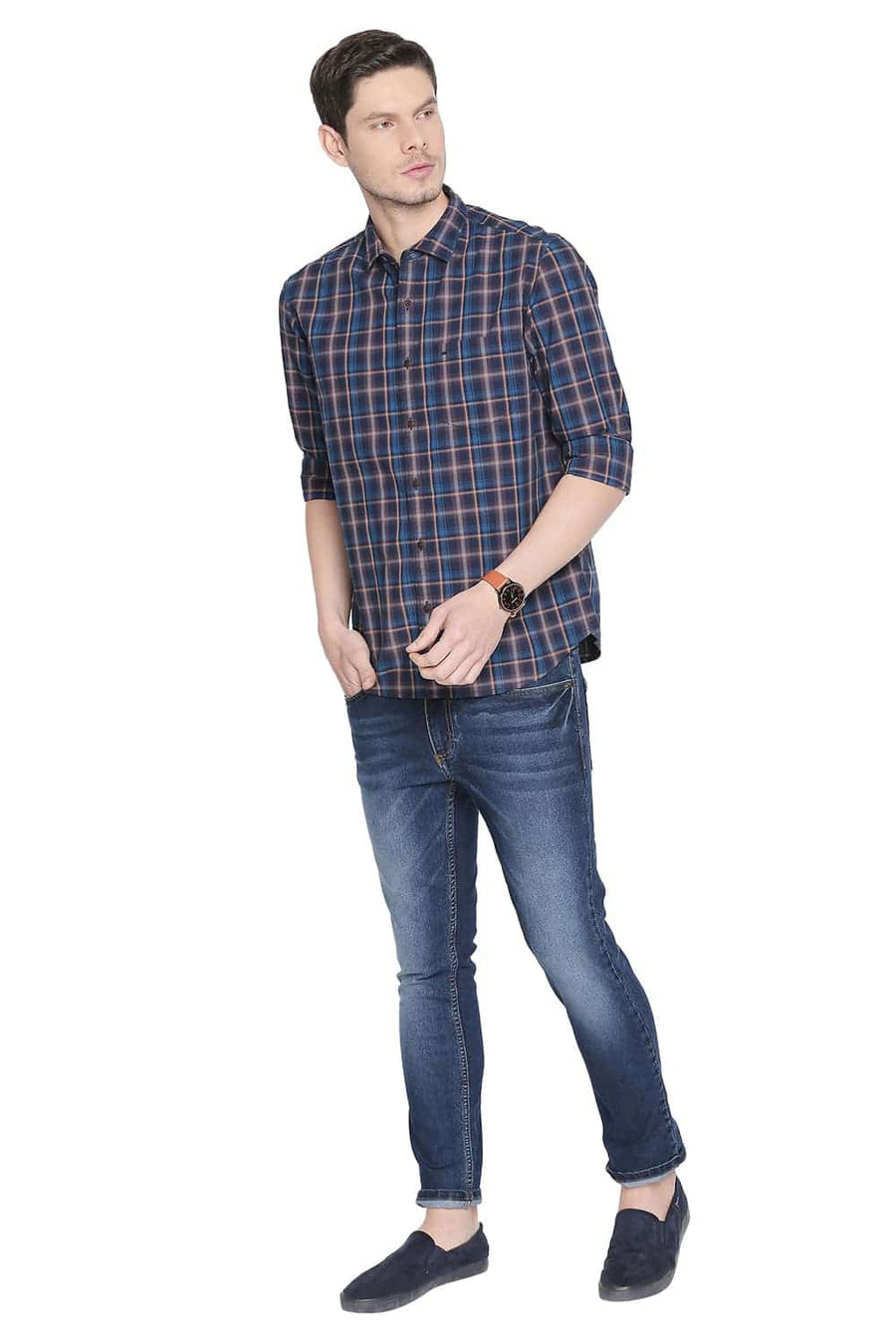 BASICS SLIM FIT RAWHIDE BROWN CHECKS SHIRT